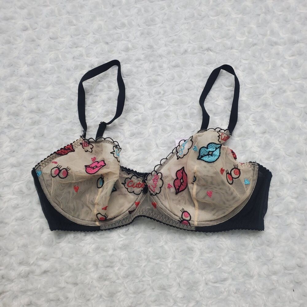 Savage X Fenty 36D Demi Bra Sheer Mesh Embroidered Lips Cute Eyes Underwire